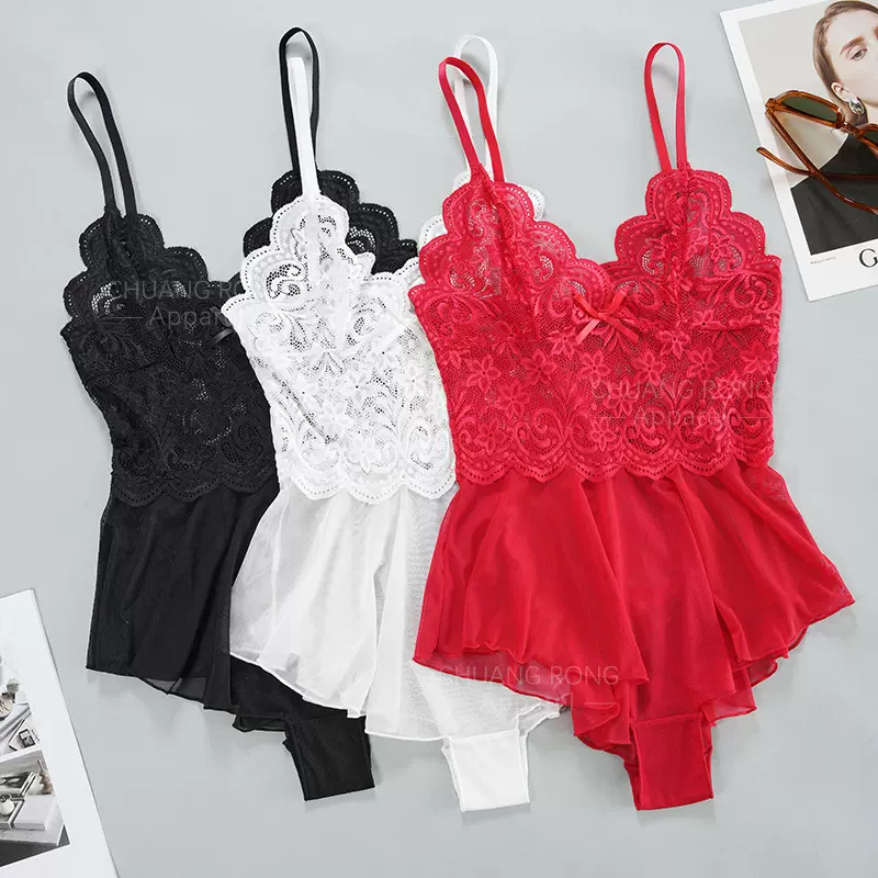 法式情趣蕾丝拼接内衣套装女士性感透视网纱精美蝴蝶结吊带连体衣