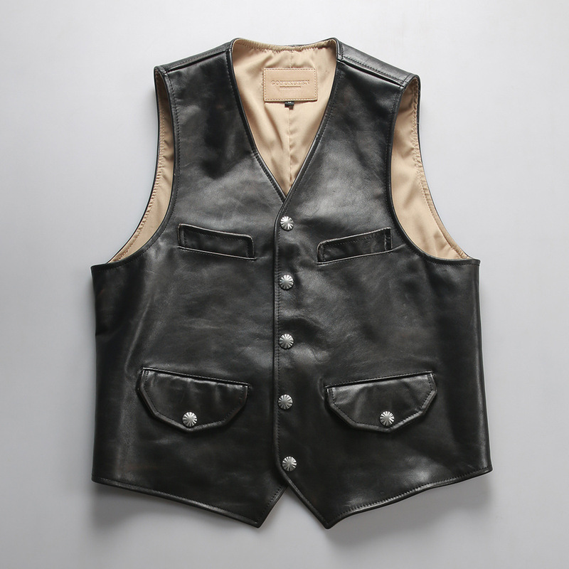 Vintage American-Style Distressed Tea-Colored Horsehide Leather Vest for Men, Slim Fit, Single-Breasted Motorcycle Genuine Leather Vest