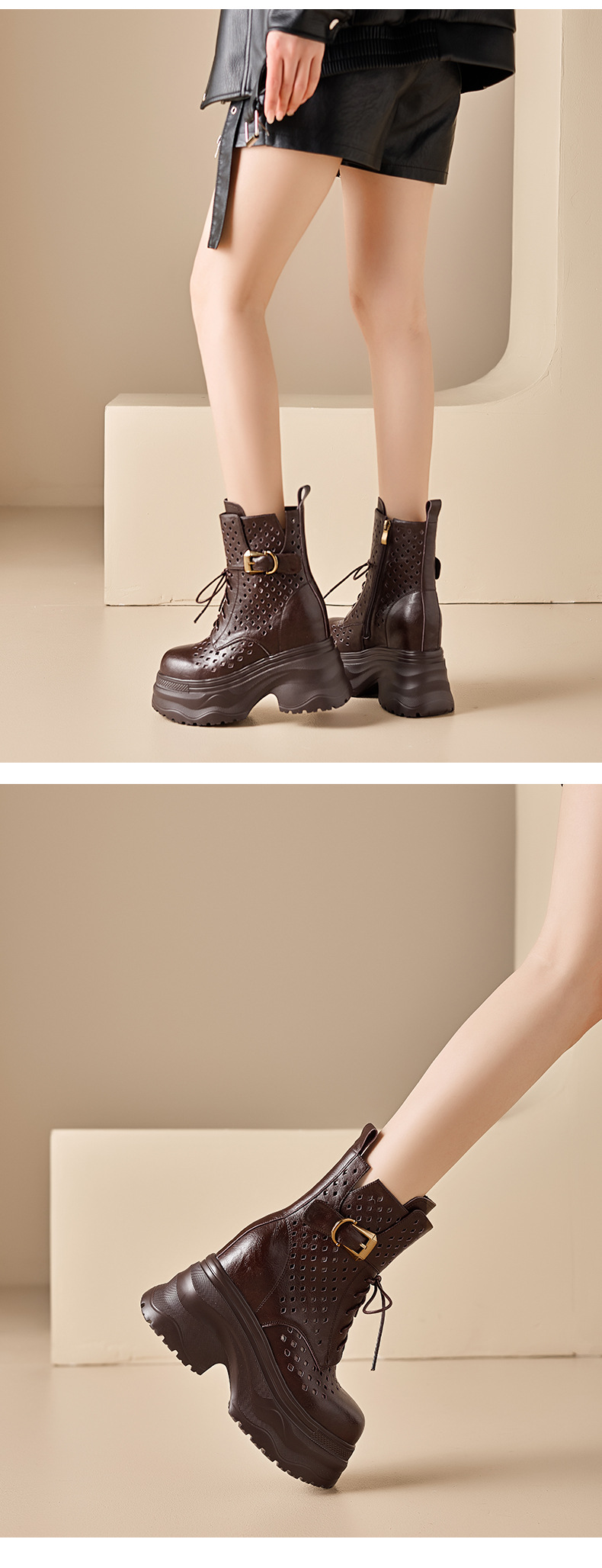 Boot nữ cổ cao ôm bắp chân đế platform gót 12 cm, phong cách hầm hố — màu nâu, màu đen chi tiết 10