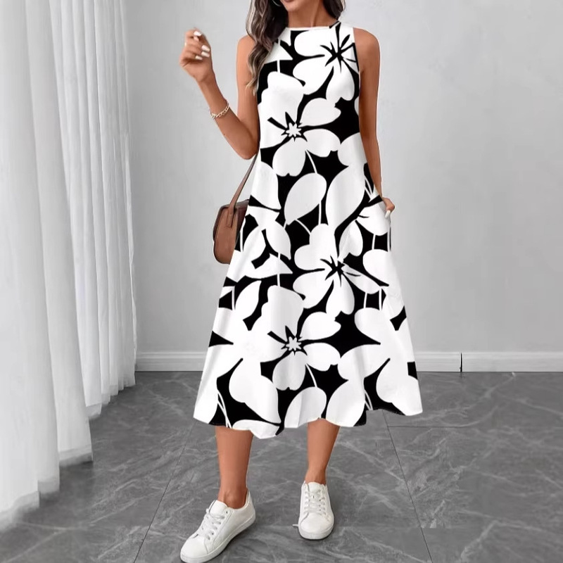 Cross-Border European and American Casual Printed Elegant Dress, Loose Round Neck, Sleeveless, New Summer Style, Mid-Length, Over-The-Knee Dress Cross-Border European and American Casual Printed Elegant Dress, Loose Round Neck, Sleeveless, New Summer Style, Mid-Length, Over-The-Knee Dress