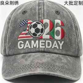 欧美2026足球主题刺绣棒球帽复古水洗做旧工艺户外遮阳鸭舌帽直供