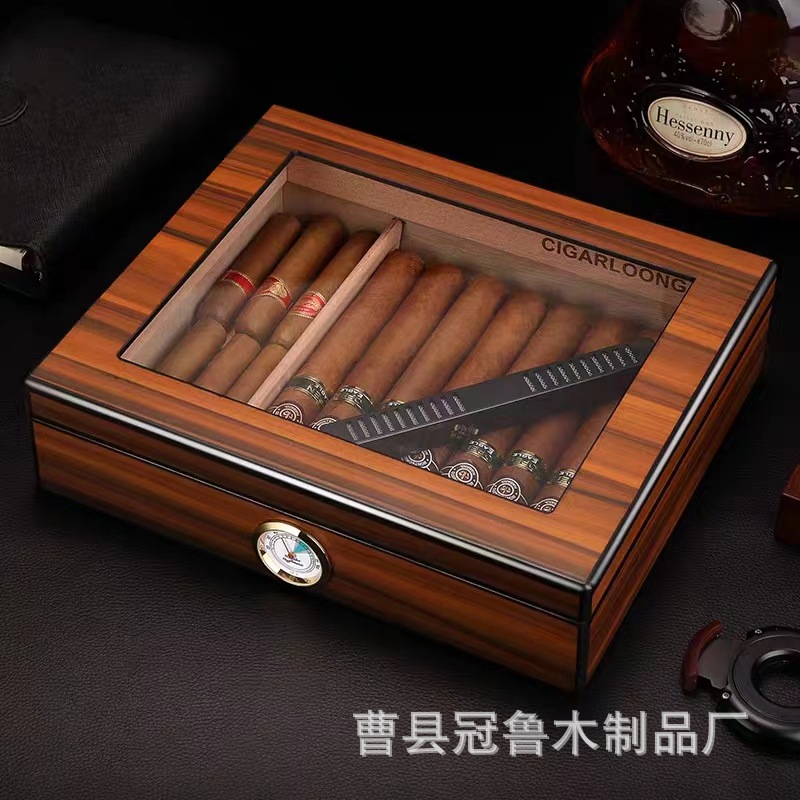 日式木盒透明保湿雪茄盒烟盒木制湿度计雪茄盒男士伴手礼雪茄木盒