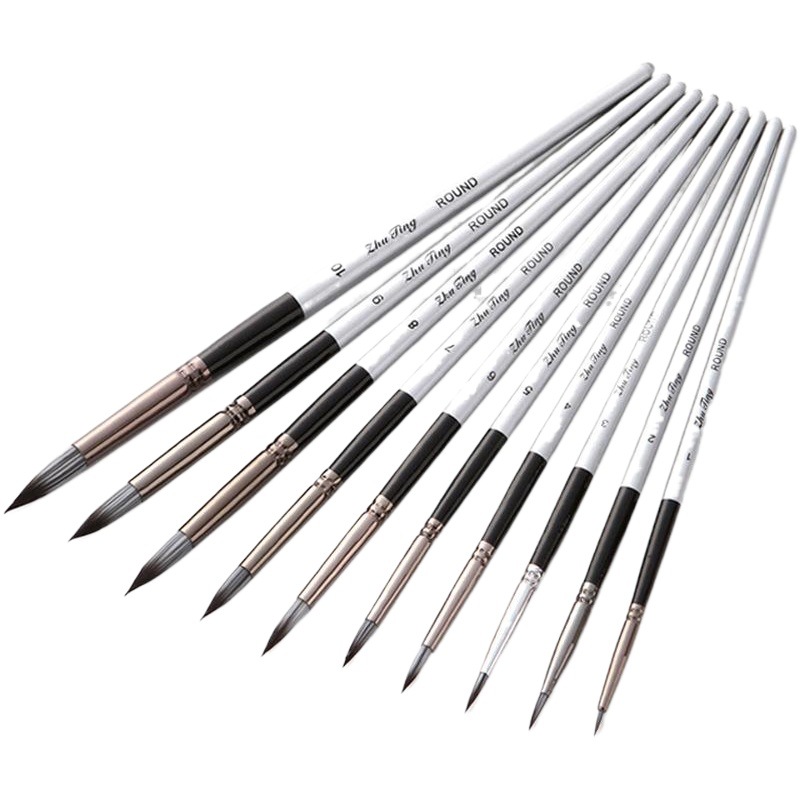 10 nylon cepillo de pelo gris plata varilla redonda frente acuarela cepillo aceite cepillo traje gancho pluma suave cremallera bolsa