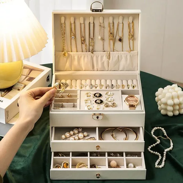 Large Three-Layer High-End Jewelry Box Desktop Storage Box for Rings, Necklaces, Earrings, and Jewelry with Divided Compartments