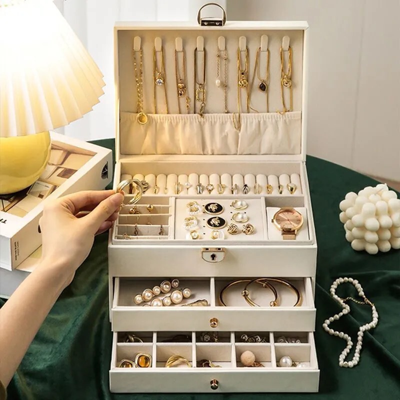 Large Three-Layer High-End Jewelry Box Desktop Storage Box for Rings, Necklaces, Earrings, and Jewelry with Divided Compartments Large Three-Layer High-End Jewelry Box Desktop Storage Box for Rings, Necklaces, Earrings, and Jewelry with Divided Compartments