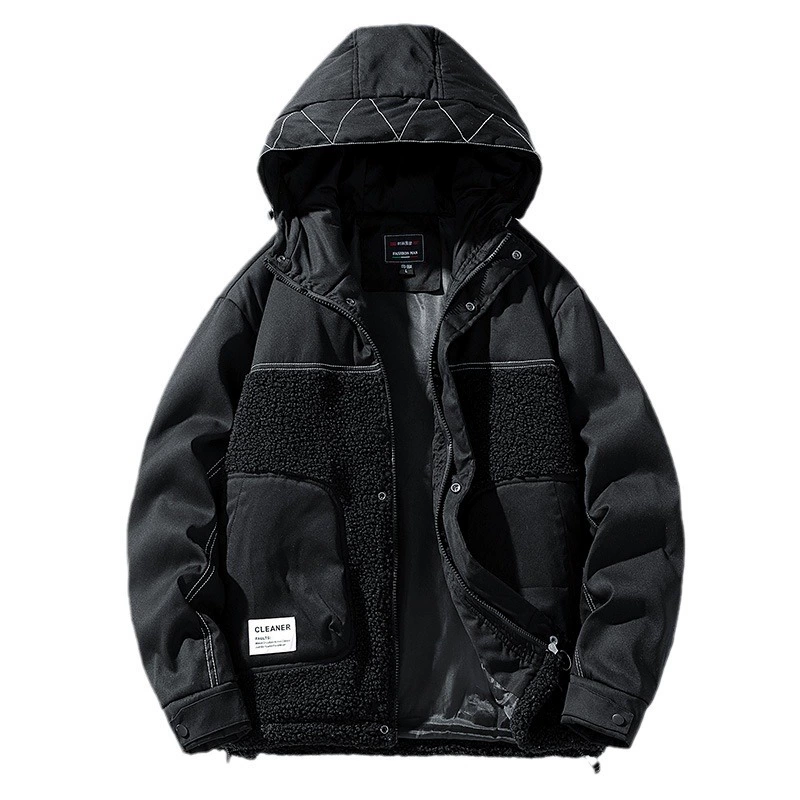 Velvet three dimensional black winter jacket with hood, for teenagers