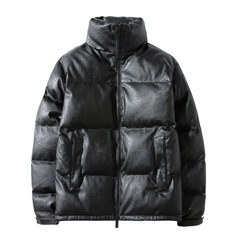 Cappotto in pelle PU di cotone alla moda in tinta unita da uomo, con colletto alto, invernale 2020_voghion.com