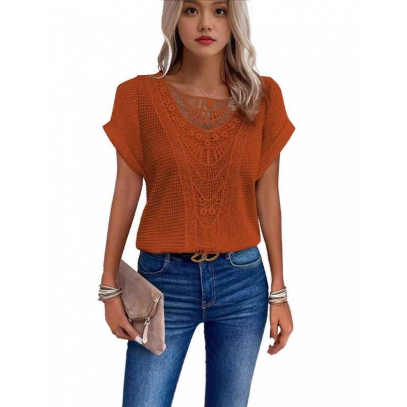 2025 Amazon European and American Spring and Summer New Independent Station Lace Splicing Short-Sleeved T-Shirt Ready-Made Cross-Border Women's Clothing