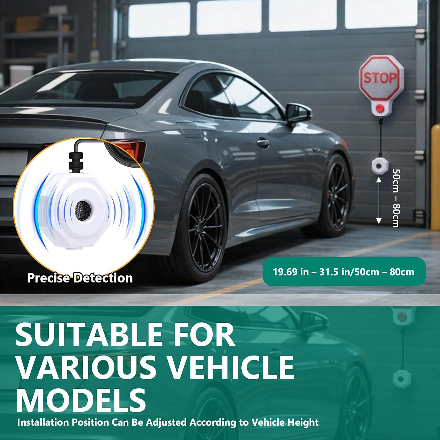 Adjustable garage parking sensor auxiliary device, with LED indicator light and dual-power rotary connector