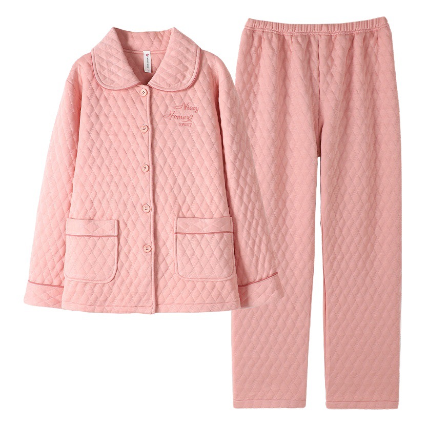100% algodón Otoño e Invierno sándwich pijamas mujeres aire algodón espesado manga larga estilo coreano Delgado acolchado engrosado homewear