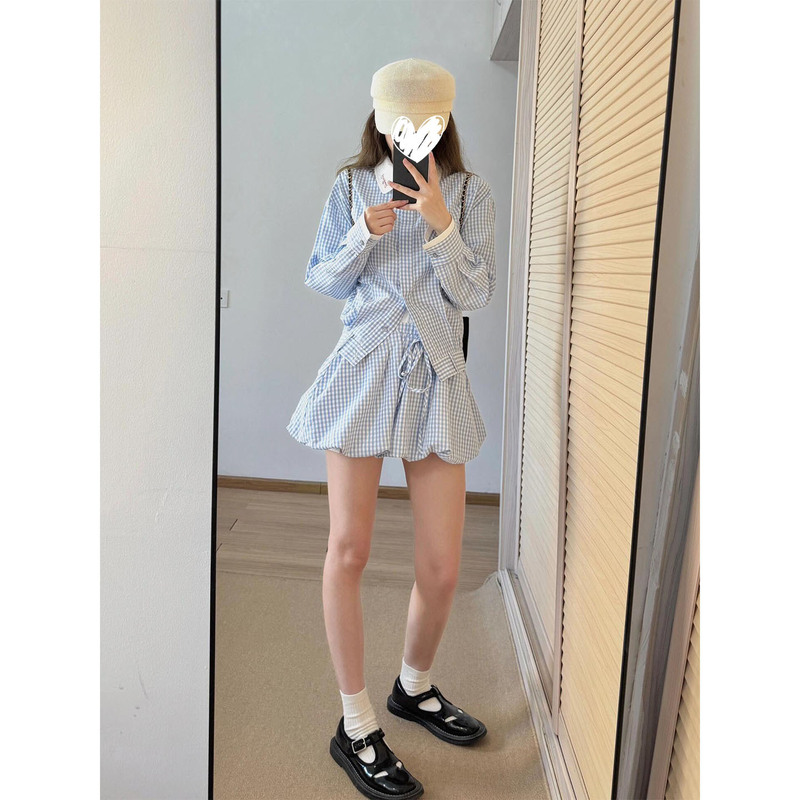 小众清冷感撞色蓝格子翻领长袖衬衫女2025新款花苞裙短裙两件套装|undefined