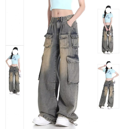 Pocket Design American Retro Work Pants for Women 2025 Wide Leg Denim Loose Trendy Brand Vibe Pants