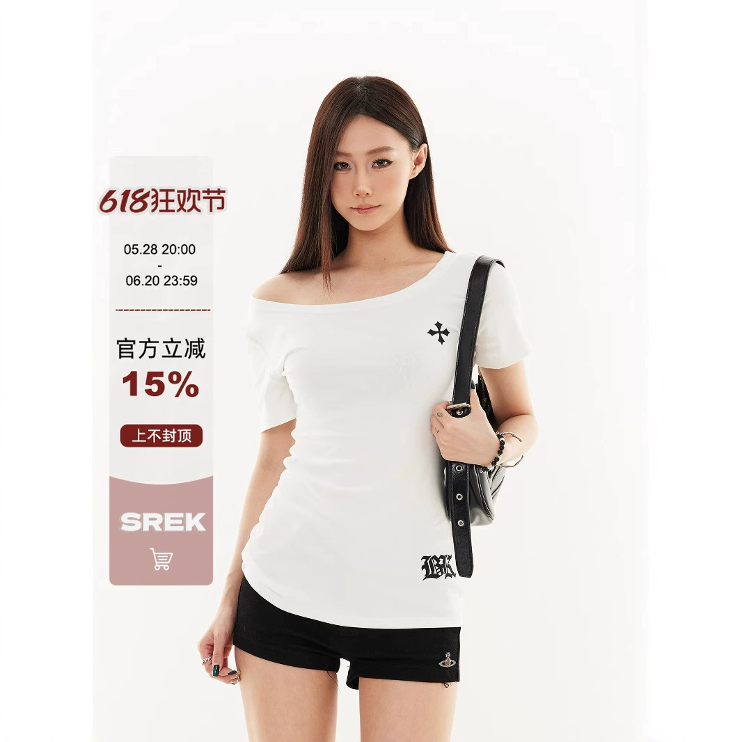SREK американская ретро сексуальная дизайнерская футболка с косым воротником и открытыми плечами, с короткими рукавами, женская весенне-летняя новая футболка для похудения