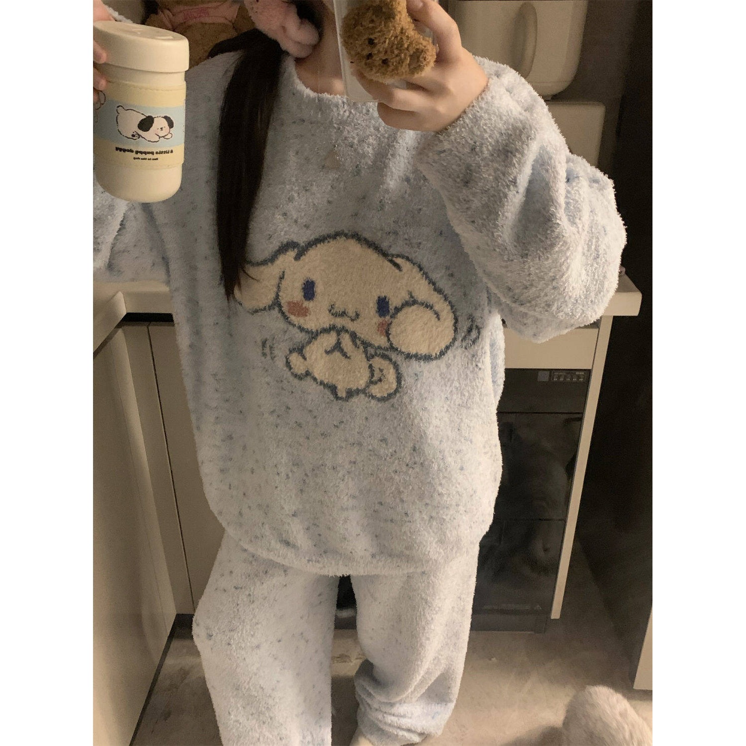 秋冬天韩版新款半边绒睡衣女长袖宽松卡通家居服加厚加绒保暖套装