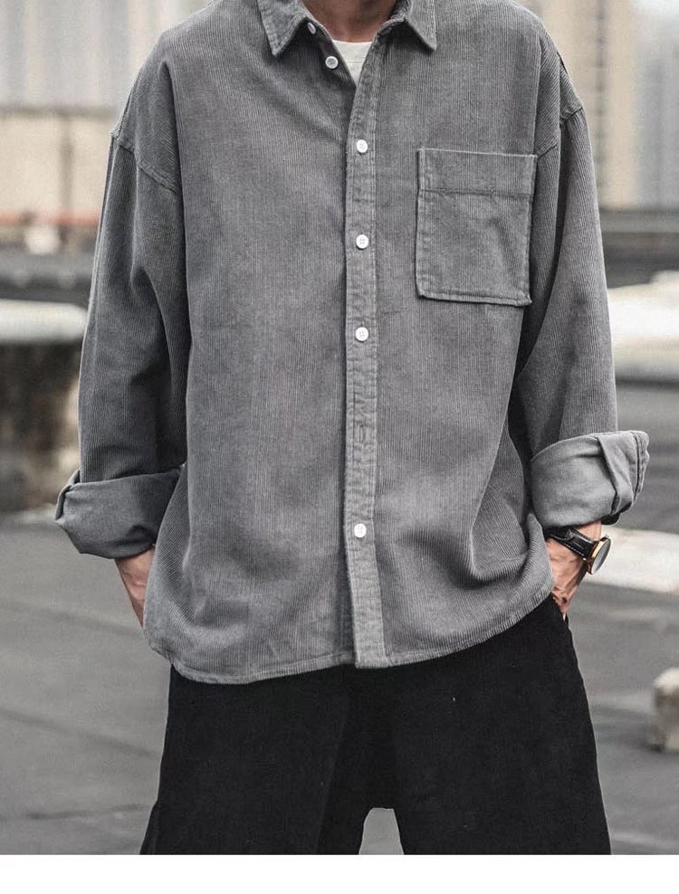 日系灯芯绒外套男士春秋季新款复古宽松衬衣大码高级感休闲衬衫潮