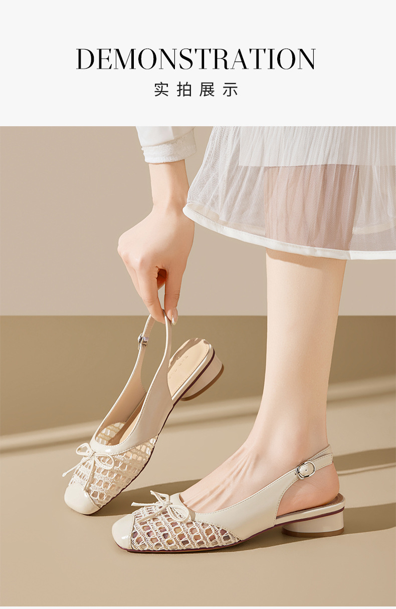 Sandal nữ mũi tròn quai ngang nơ bướm cổ điển, gót thấp thoáng khí — CV21 Bạc chi tiết 11