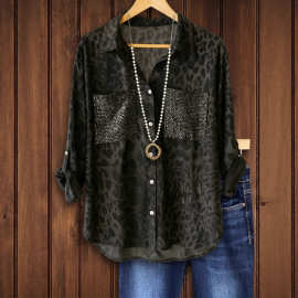 2025亚马逊秋季新款跨境欧美时尚外贸女长袖亮片口袋单排扣衬衫