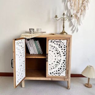 American Retro Entrance Cabinet Carved Log Decorative Cabinet Living Room Storage Cabinet Floor-Standing Sideboard Pastoral Style Bucket Cabinet