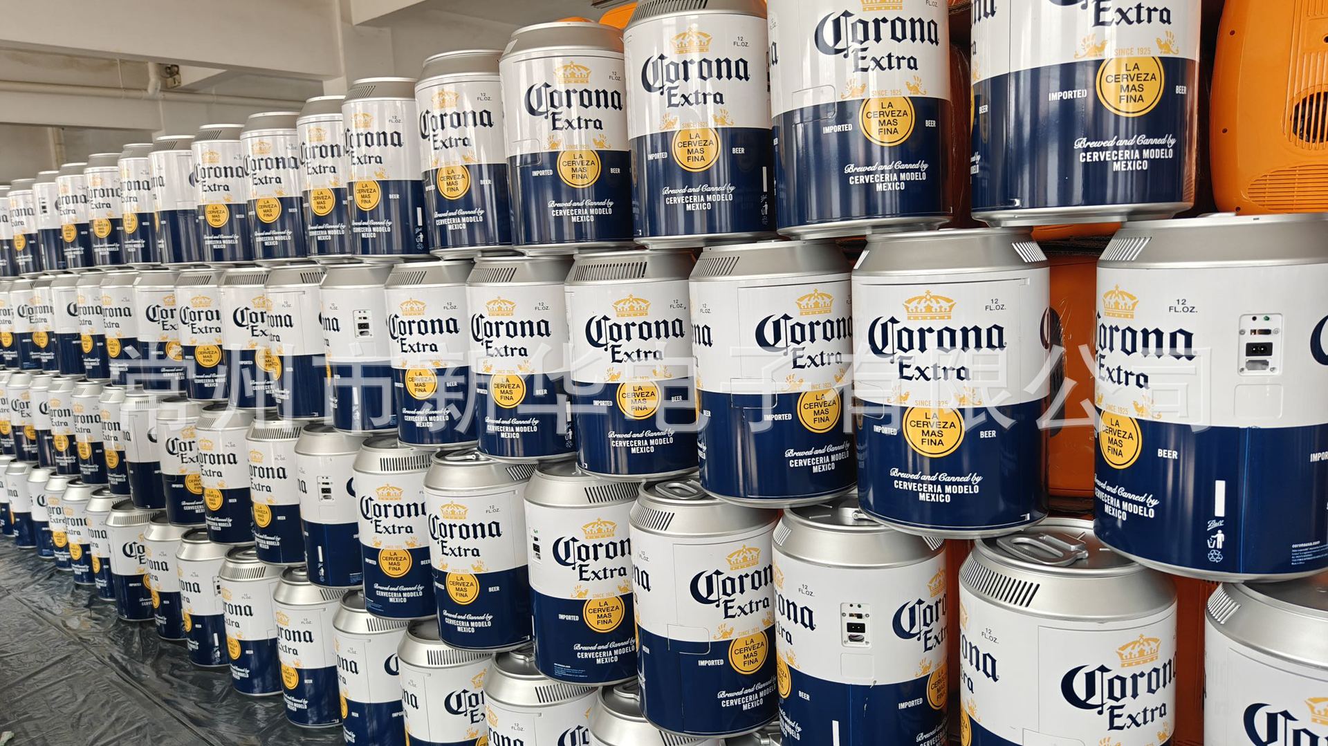 Coca-Cola can mini-refrigerators are on sale with Corona and Blue Ribbon logos, available for wholesale