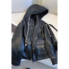 时尚连帽皮衣外套女2025秋季新款韩版宽松百搭高档洋气皮夹克潮