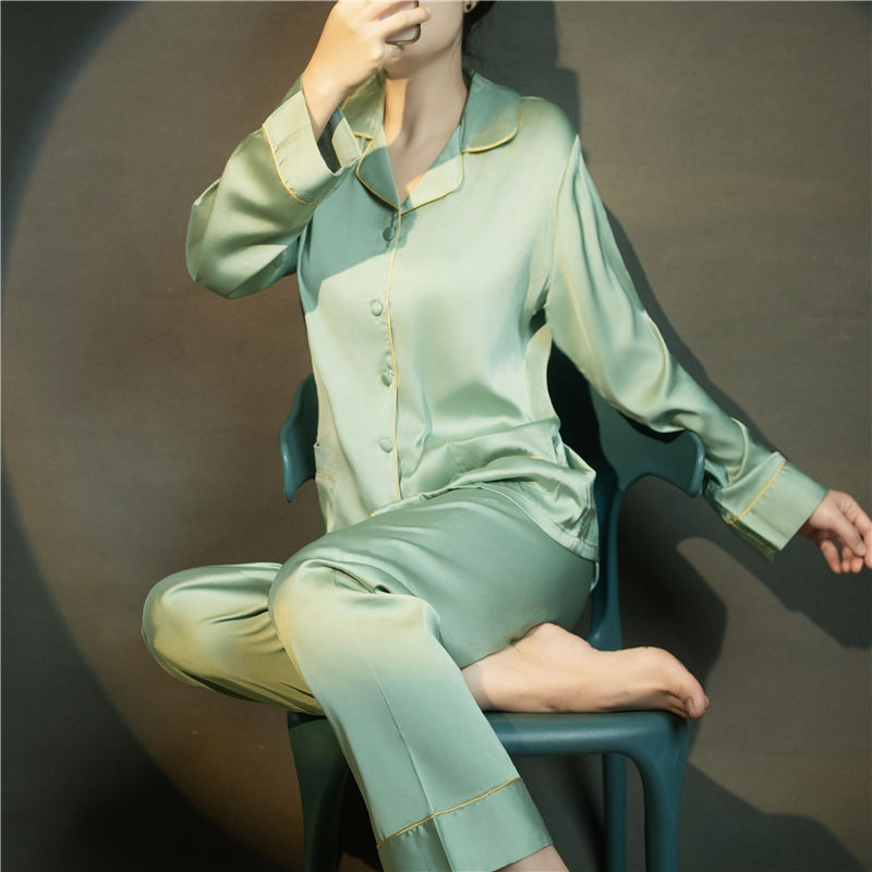 % 뽕나무 실크 여성 실크 잠옷 신제품 센스 봄과 가을 플러스 사이즈 단색 실크 홈 의류 겨울 폭발 세트