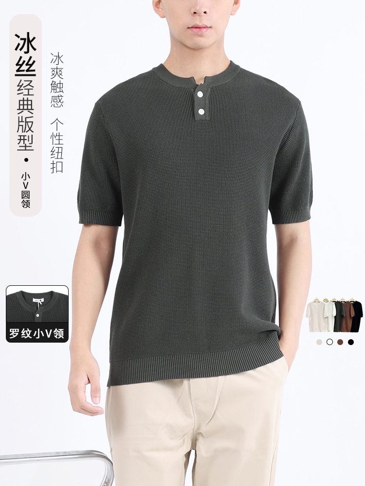 Hielo de alta gama, camiseta de cuello Henry de punto de manga corta, camiseta de lujo ligera, camiseta casual de alta calidad, chaqueta para hombre.
