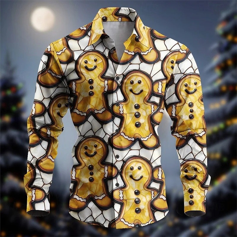 Christmas Men's Autumn and Winter Gingerbread Shirt S Long Sleeve Shirt Lapel 5XL Printed Party Evening Casual Button 3D