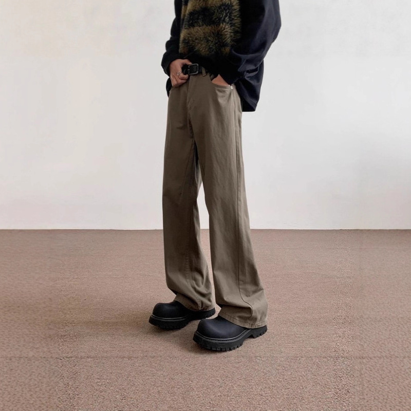 American-Style Basic Slanted Cut Pure Cotton Casual Pants for Men, Summer Trendy Loose Straight-Leg Cargo Pants, Melard Wide-Leg Long Pants