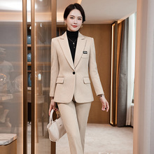 2023年秋冬季新款卡其色长袖简约职业西装外套女裤子两件套装气质
