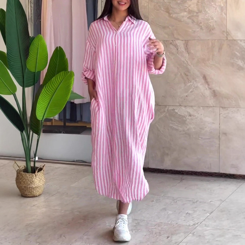2025 Independent Station Amazon European and American Clothing Dropped Shoulder Sleeves Stripesd Cardigan Lapel Shirt Dress Mid-Length Skirt