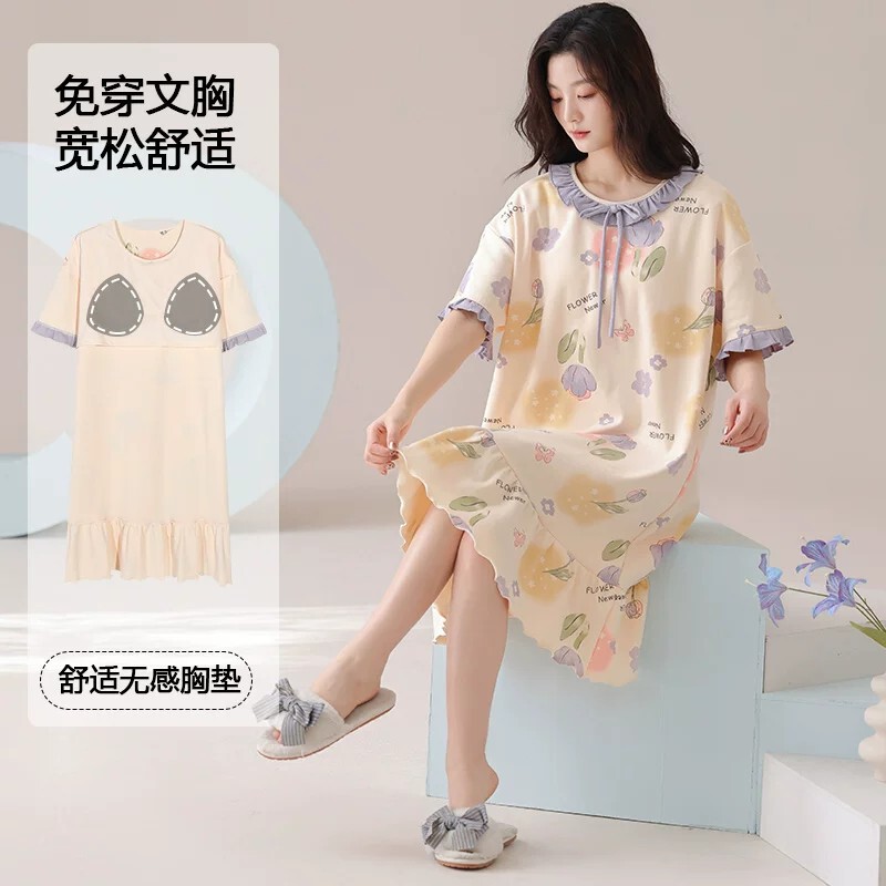 [Pure Cotton] Nightgown Summer Women's Anti-running Pajamas with Chest Pad Women's Cotton Loose plus size Midi Dress for Outer Wear