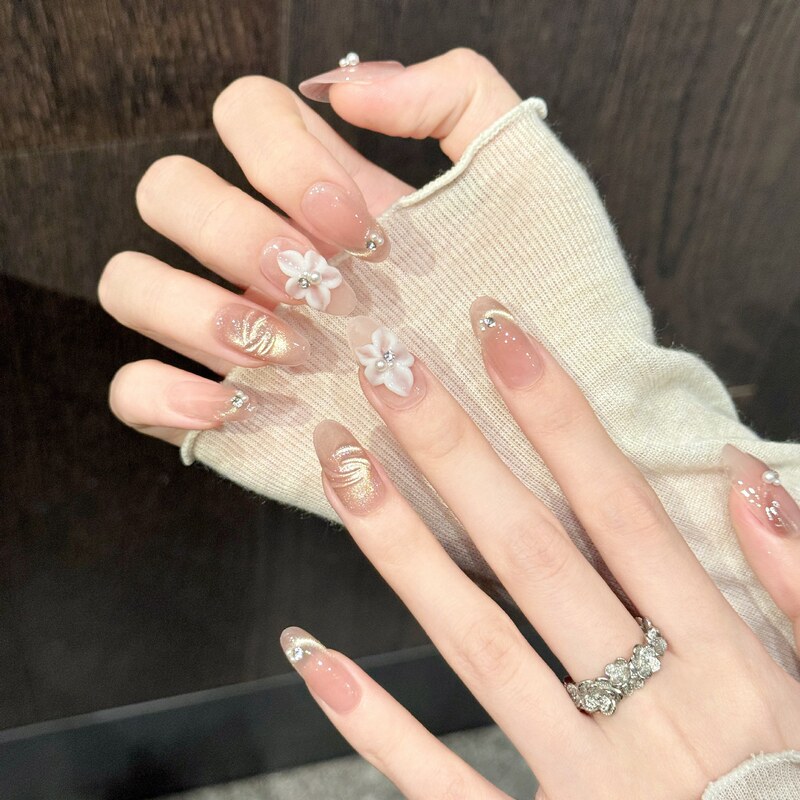 Ricaman【Flower Shadows in the Clouds】Water-Gloss Nude Pink Glitter Swirl Cat Eye Carved Flower Manicure Gentle and Elegant Wearable Nails