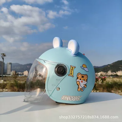 National Standard 3C Certified Kidsren's Motosiklet kaskı (dəbilqə) - blue-tiger-hd-long-mirror-blue-and-white-bear-ears-suitable-for-small-helmets-aged-1-5-years-old
