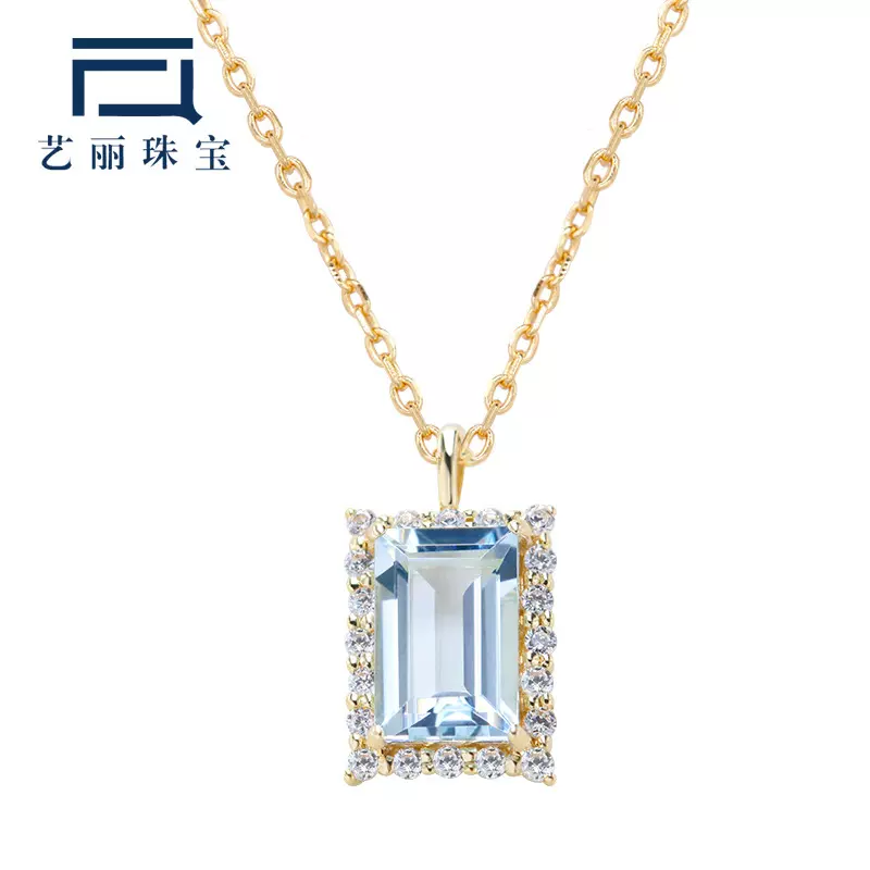 新款2022 时尚轻奢天然宝石 女项链 10K金海蓝宝吊坠 厂家定制