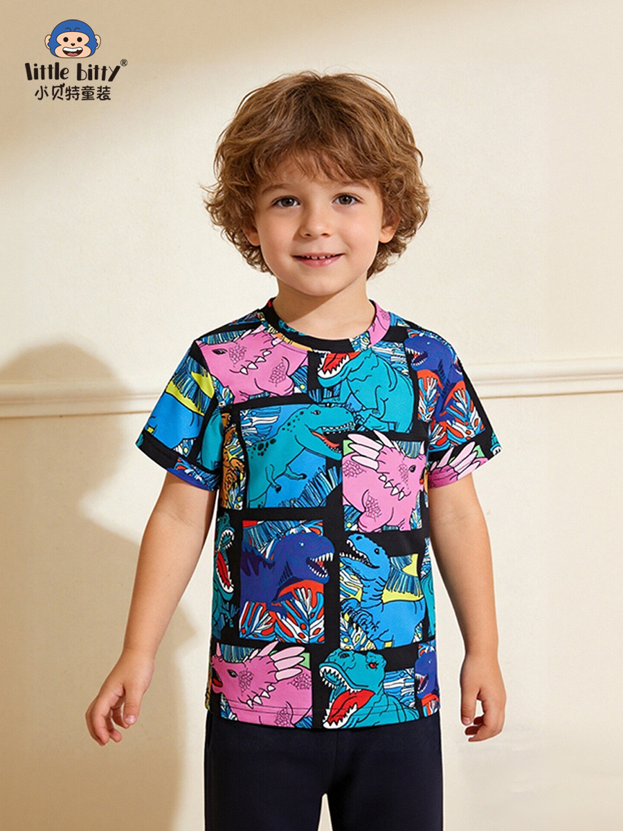 Cross-Border Children's Clothing 26 Years Spring/Summer Boys' T-Shirt Cartoon Dinosaur Abstract Round Neck Plaid Print Children's Short-Sleeve Top