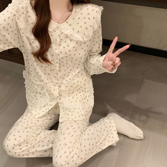 春の新型パジャマ女性レトロ花人形襟雲綿長袖カジュアル家庭服ファッションセット卸売り