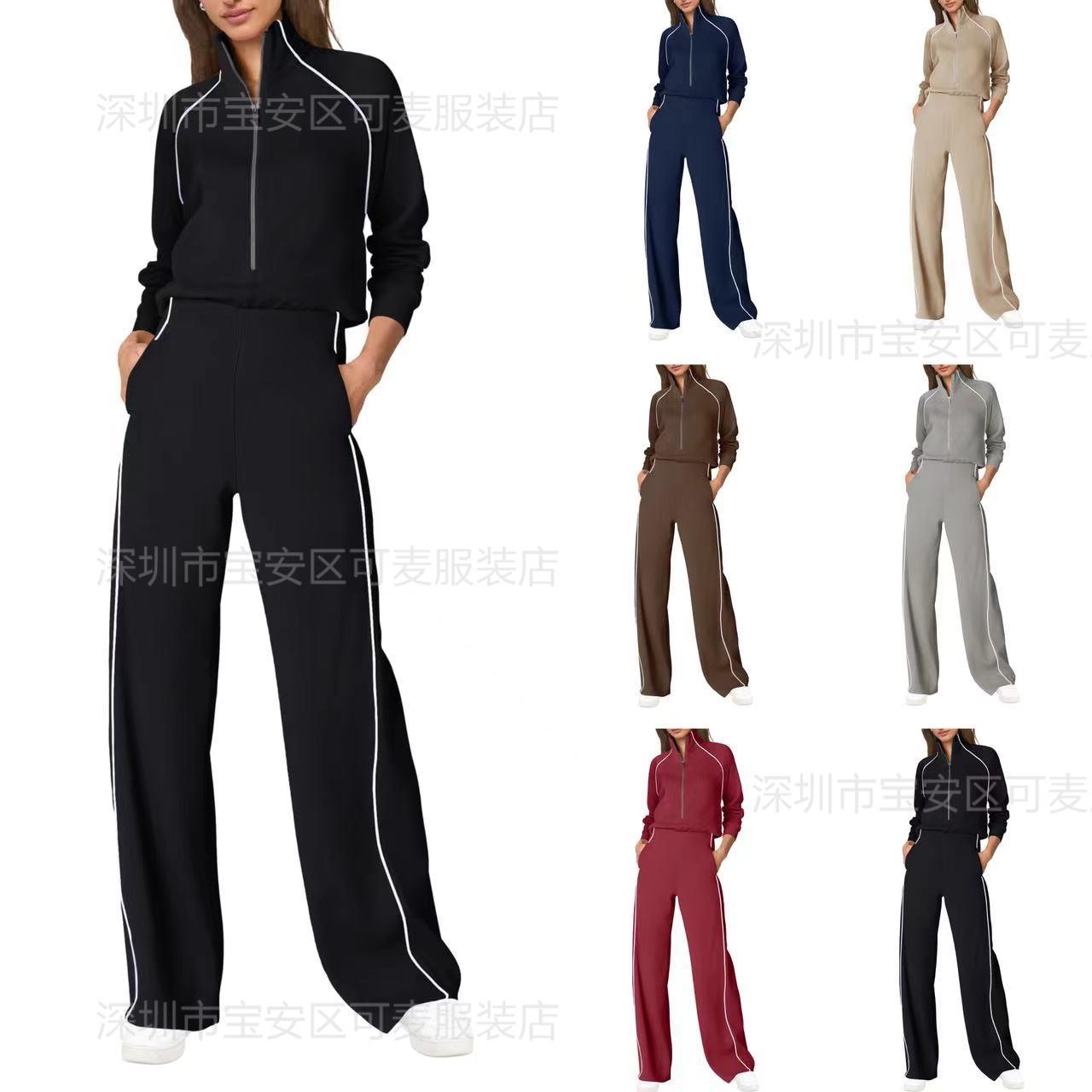 European and American Amazon Cross-Border Export 2025 Autum New Contrasting Color Casual Fashion Half-Zip Sports Jumpsuit for Women