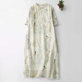 2025新款中国风苎麻连衣裙女复古棉麻文艺气质女装改良版旗袍裙子