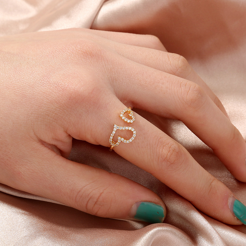 Simple Double Heart Copper Micro-encrusted Zircon Ring Female display picture 2