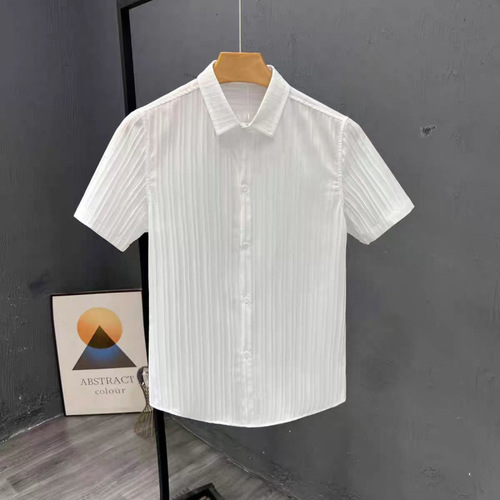 Men's Summer Striped Plain Shirt, Short Sleeve Casual Iron-Free Shirt, Lightweight and Mature Style, Collar, Korean Version, Fashionable and Trendy New