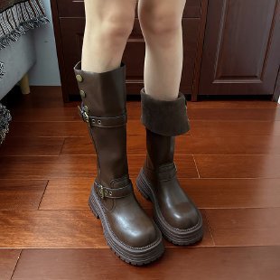 复古两穿粗跟厚底长筒靴女秋冬靴子2025新款长靴高筒骑士靴|undefined