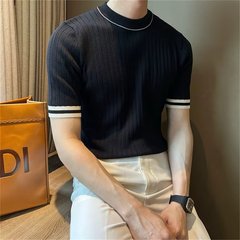 2025新款圆领轻熟小香风修身男针织衫拼色透气高级黑带弹力短袖T