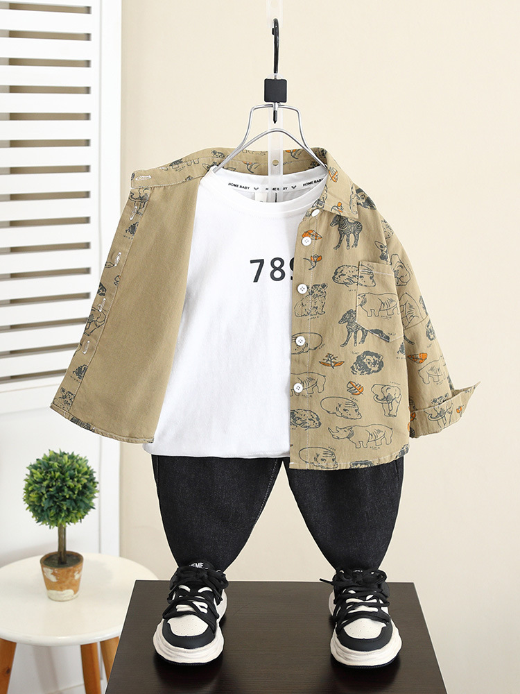 5837 Camisa de dibujos animados para niños Primavera y otoño para niños Camisa coreana de manga larga de estilo occidental 2025 nueva chaqueta para niños