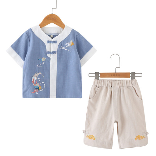 Children's Hanfu Chinese National Style Boys Tang Suit Baby First Birthday Tang Suit Zhuazhou Clothing Ancient Costume Summer Cotton Linen Set