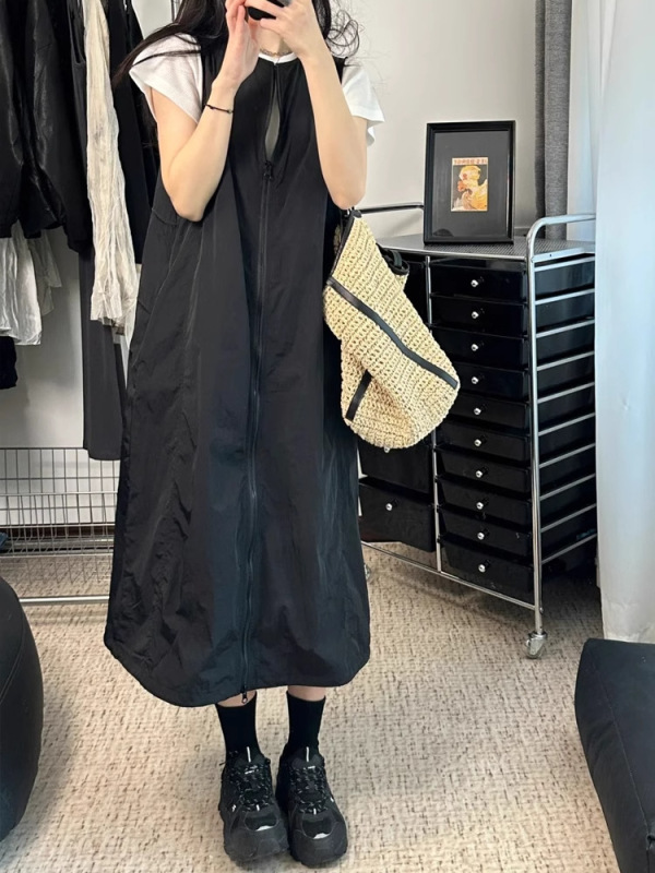 山系黑色工装机能风背心裙女春秋款连衣裙微胖大码胖mm显瘦背带裙|undefined
