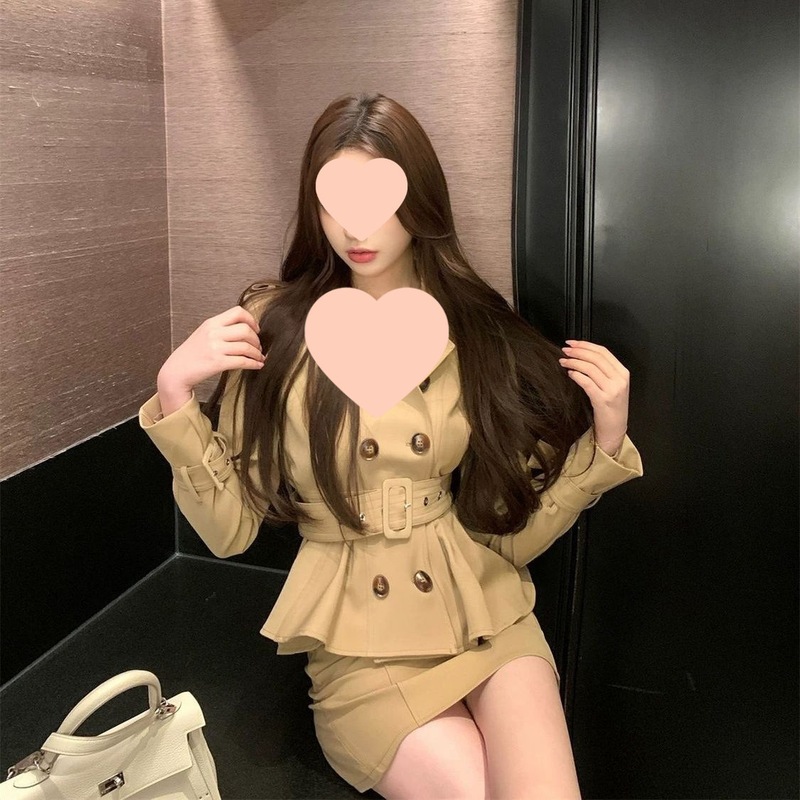 卡其双排扣外套女春秋+裙裤两件套秋季收腰气质裙套装|undefined