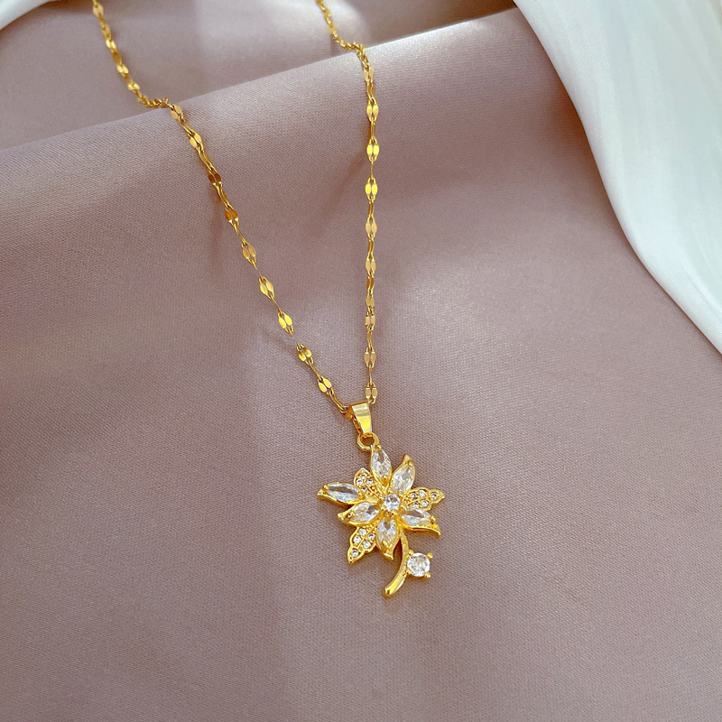 Simple Style Flower Titanium Steel Inlay Zircon Pendant Necklace 1 Piece