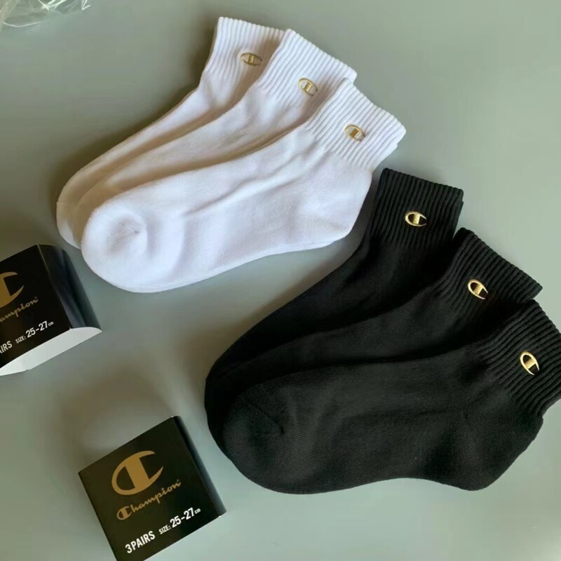 Champion Socks Gold Label Embroidered Letters Boxed Men's and Women's Mid-Tube C Label Black and White Towel Bottom Sweat-Absorbent and Warm Sports Socks