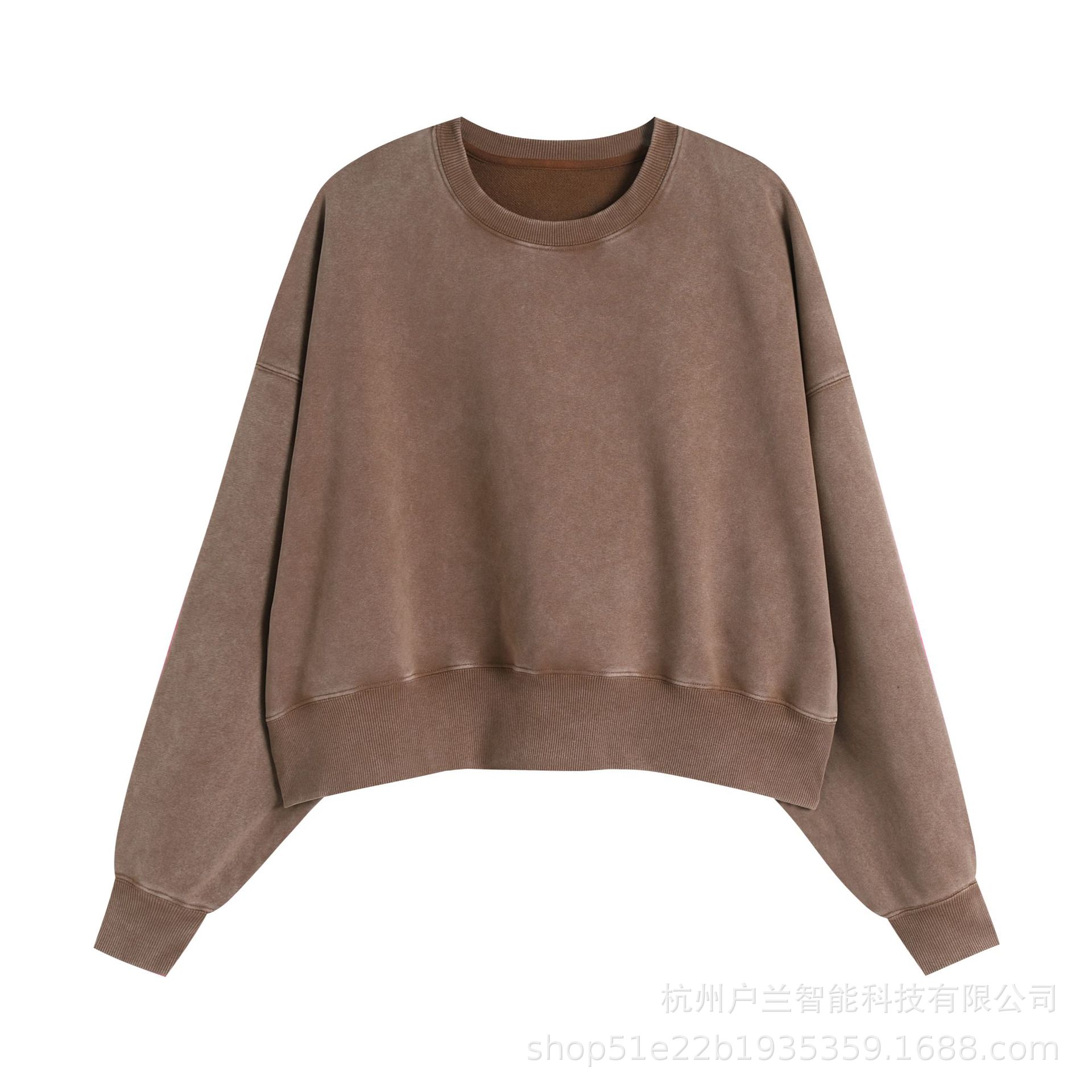 Women's 400g brushed distressed round neck coffee