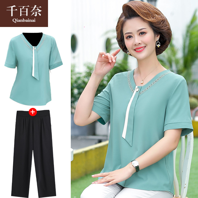 mom Summer wear leisure time Two piece set 2021 new pattern Chiffon Short sleeved T-shirt Middle and old age woman 50 Year-old clothes